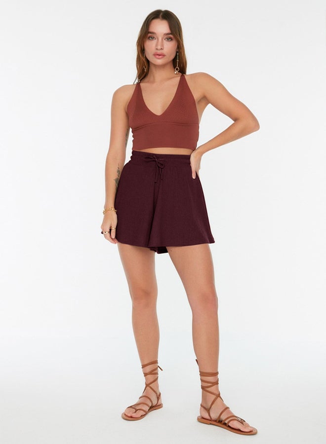 trendyol Claret Red Relaxed Cut Regular Waist Crepe/Textured Knit Shorts  - Image 3