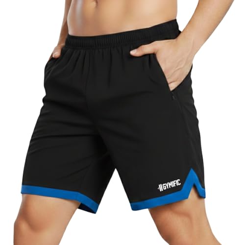 GYMIFIC Men’s Black Sports Shorts | Lightweight Quick-Dry Gym, Running & Training Shorts with Contrast Blue Design, Zipper Pockets & Lightweight Fabric for Football & Fitness (L, Black) - Image 1