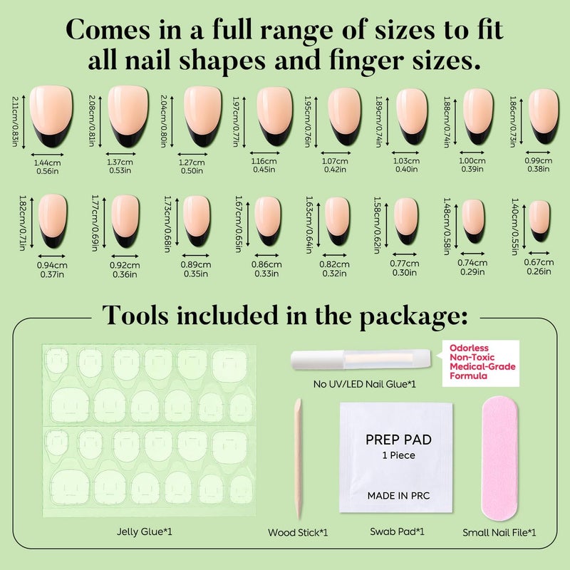Luxbon Short Almond Press On Nails with No-Cure Nail Glue and Tool Set - French Manicure Glue on Nails 25-30 Pieces Full Size Set, Reusable Fake Nails for Women, Black Budget friendly premium quality - Image 3