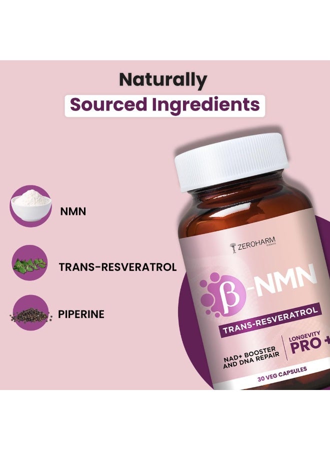 ZEROHARM NMN + Trans-Resveratrol 500 mg | High-Purity 99.5% NMN | Supports Healthy Aging, Cellular Energy, NAD+ Levels, Skin Health, Joint Support, Antioxidant | For Men & Women - 30 Veg Capsules - Image 2