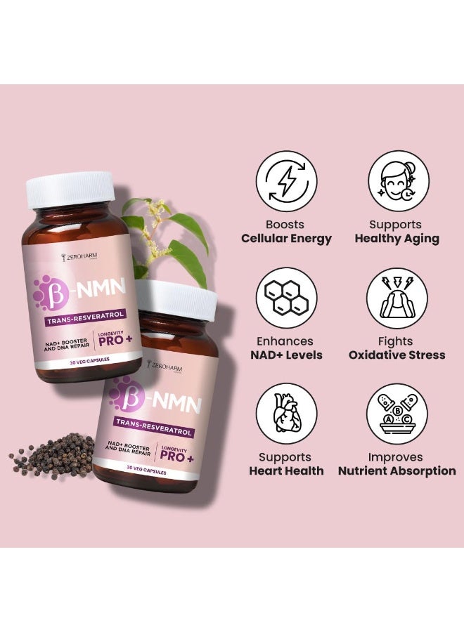 ZEROHARM NMN + Trans-Resveratrol 500 mg | High-Purity 99.5% NMN | Supports Healthy Aging, Cellular Energy, NAD+ Levels, Skin Health, Joint Support, Antioxidant | For Men & Women - 30 Veg Capsules - Image 4