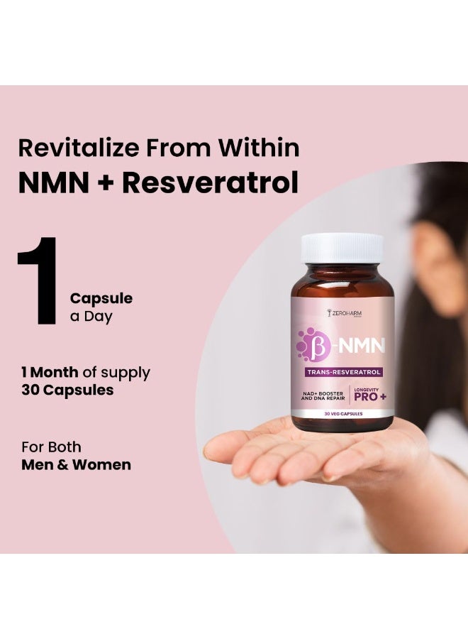 ZEROHARM NMN + Trans-Resveratrol 500 mg | High-Purity 99.5% NMN | Supports Healthy Aging, Cellular Energy, NAD+ Levels, Skin Health, Joint Support, Antioxidant | For Men & Women - 30 Veg Capsules - Image 3