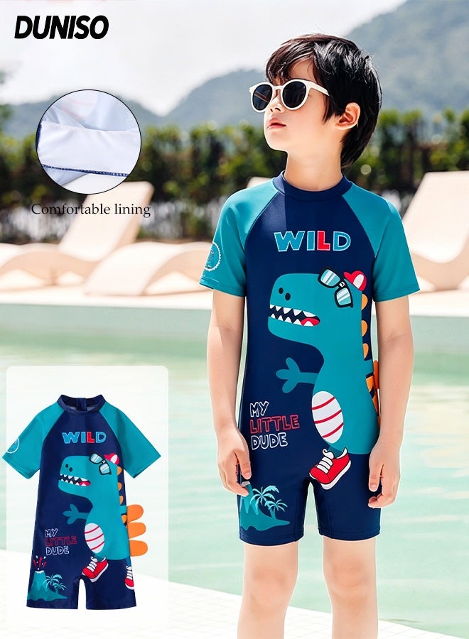 DUNISO Kids Swimsuit Set Boys Rash Guard Swimsuits Set Toddler Kids Training Quick Dry Swimwear Children One Piece Short Sleeves Clothing Beachwear Suit Dinosaur Print Children Short Sleeves Clothing Beachwear Bathing Suit for Summer (Size XL, suitable for 5-6 years) - Image 1
