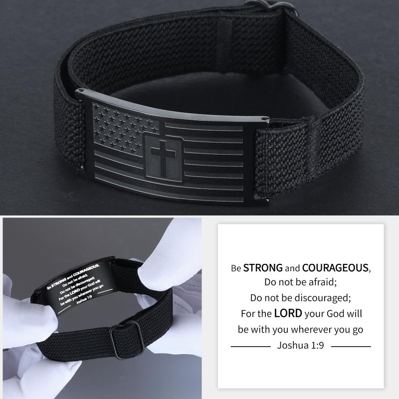 LDOWWGL Easter Basket Stuffers - Mens Bracelet - American Flag Christian Cross Bracelet for Boys - Adjustable Black Elastic Stretch Strap with Bible Verse - Gift for Son Grandson, Joshua - Image 5