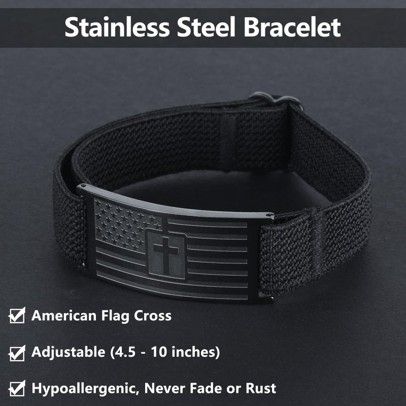 LDOWWGL Easter Basket Stuffers - Mens Bracelet - American Flag Christian Cross Bracelet for Boys - Adjustable Black Elastic Stretch Strap with Bible Verse - Gift for Son Grandson, Joshua - Image 4