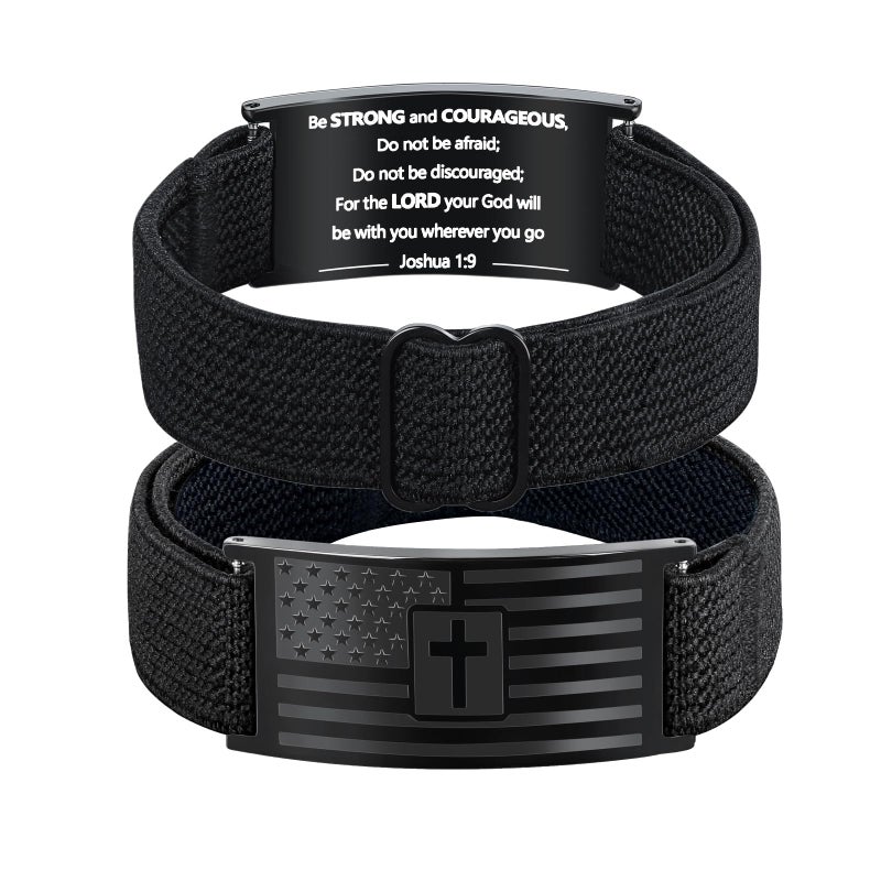 LDOWWGL Easter Basket Stuffers - Mens Bracelet - American Flag Christian Cross Bracelet for Boys - Adjustable Black Elastic Stretch Strap with Bible Verse - Gift for Son Grandson, Joshua - Image 1