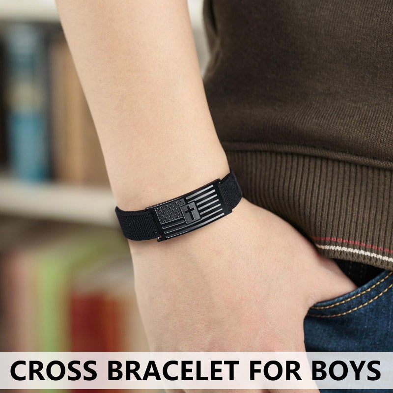 LDOWWGL Easter Basket Stuffers - Mens Bracelet - American Flag Christian Cross Bracelet for Boys - Adjustable Black Elastic Stretch Strap with Bible Verse - Gift for Son Grandson, Joshua - Image 2