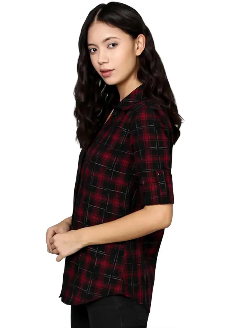 PINACOLADA Women's Crimson Red Tartan Plaid Shirt