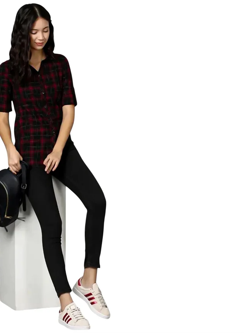 PINACOLADA Women's Crimson Red Tartan Plaid Shirt