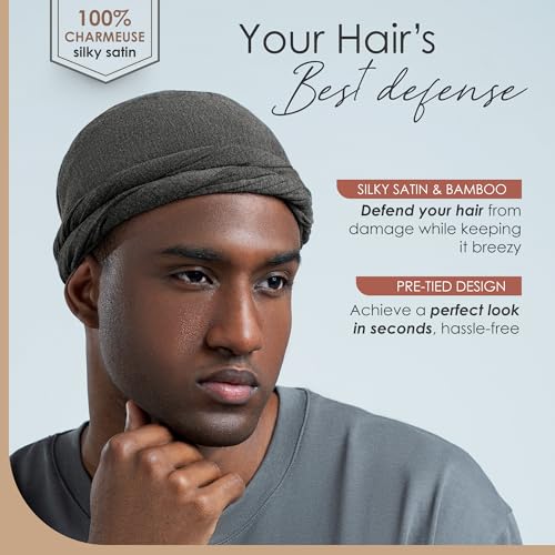 CAPLORD Silk Satin Lined Halo Turban Head Wrap Pre-Tied Skull Cap for Men and Women Sleeping Bonnet Curly Hair Cover Chemo Hair Loss Hat Wave Cap Sleep Turbans Dark Gray - Image 2