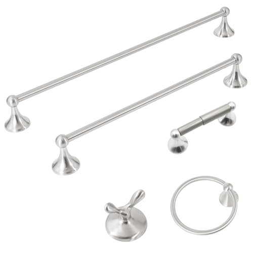 XINWEI 24-Inch Wall Mounted Bathroom Towel Rack Set, 5-Piece Stainless Steel Bathroom Hardware Set with Towel Bar, Towel Ring, Toilet Paper Holder & Hook, Brushed Nickel - Image 1