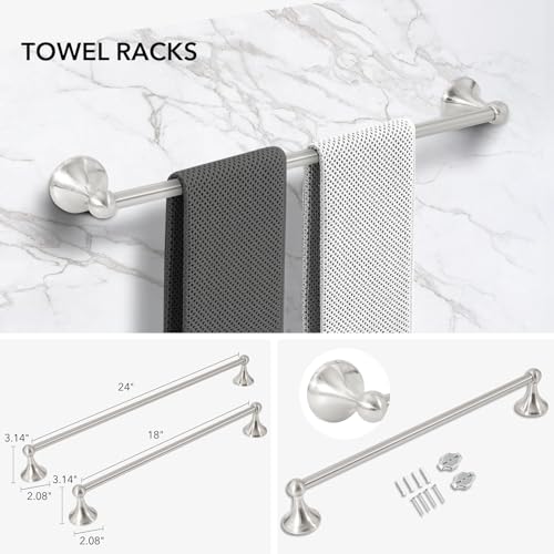 XINWEI 24-Inch Wall Mounted Bathroom Towel Rack Set, 5-Piece Stainless Steel Bathroom Hardware Set with Towel Bar, Towel Ring, Toilet Paper Holder & Hook, Brushed Nickel - Image 2