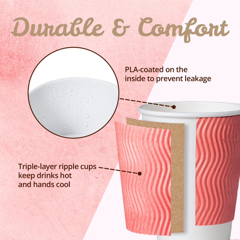 MATICAN Paper Coffee Cups, 50-Pack 12-oz Insulated Corrugated Disposable Paper Cups, With Lids, Ripple Wall Cups for Hot Beverage or Cold Drinks, Coral - Image 4