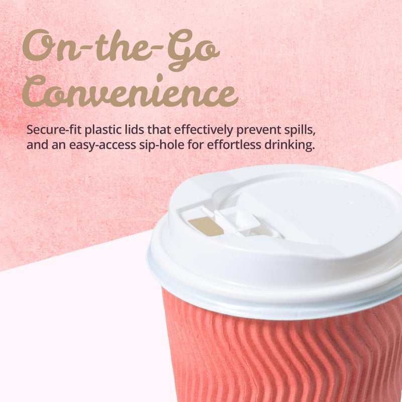 MATICAN Paper Coffee Cups, 50-Pack 12-oz Insulated Corrugated Disposable Paper Cups, With Lids, Ripple Wall Cups for Hot Beverage or Cold Drinks, Coral - Image 5