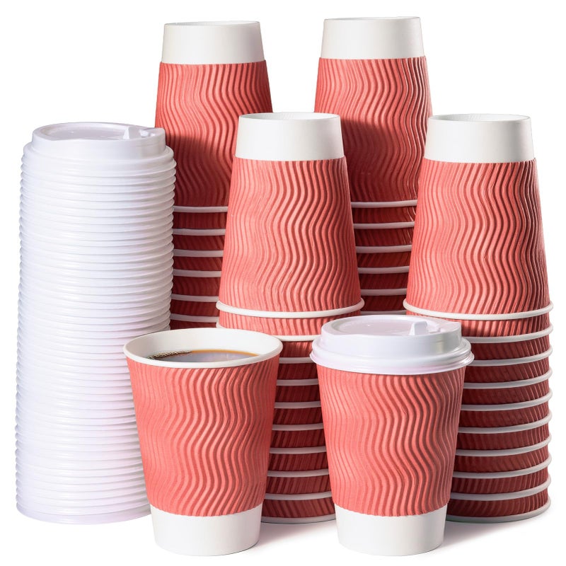 MATICAN Paper Coffee Cups, 50-Pack 12-oz Insulated Corrugated Disposable Paper Cups, With Lids, Ripple Wall Cups for Hot Beverage or Cold Drinks, Coral - Image 1