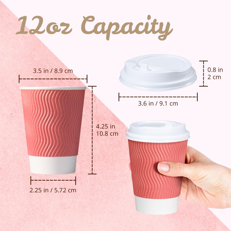 MATICAN Paper Coffee Cups, 50-Pack 12-oz Insulated Corrugated Disposable Paper Cups, With Lids, Ripple Wall Cups for Hot Beverage or Cold Drinks, Coral - Image 3