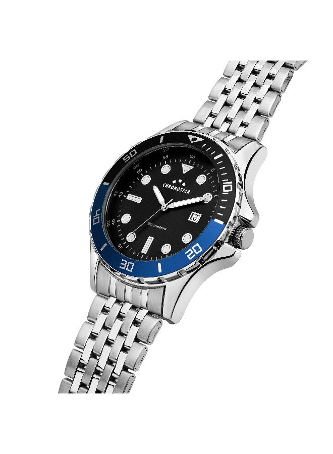 Chronostar Men's Black Round Analog Dial with Silver Stainless Steel Band Watch - 43mm - R3753318003 - Image 2