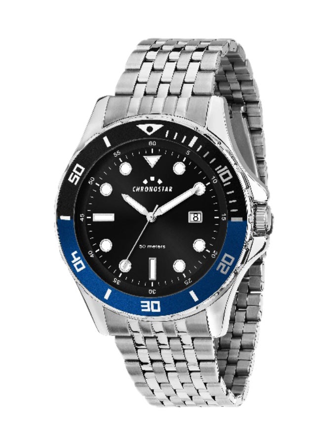 Chronostar Men's Black Round Analog Dial with Silver Stainless Steel Band Watch - 43mm - R3753318003 - Image 1