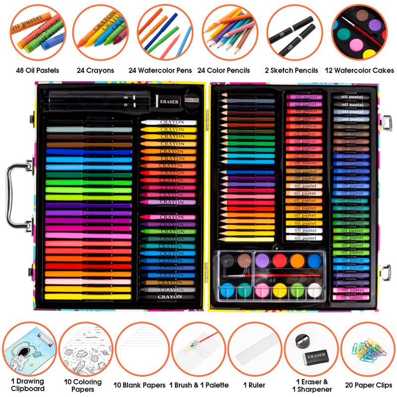 POPYOLA Art Supplies, 180 Pack Drawing Painting Set for Kids Girls Boys Teens, Coloring Art Kit Gift Case with Clipboard, Coloring Papers, Oil Pastels, Crayons, Colored Pencils, Watercolor Cakes, Markers - Image 2