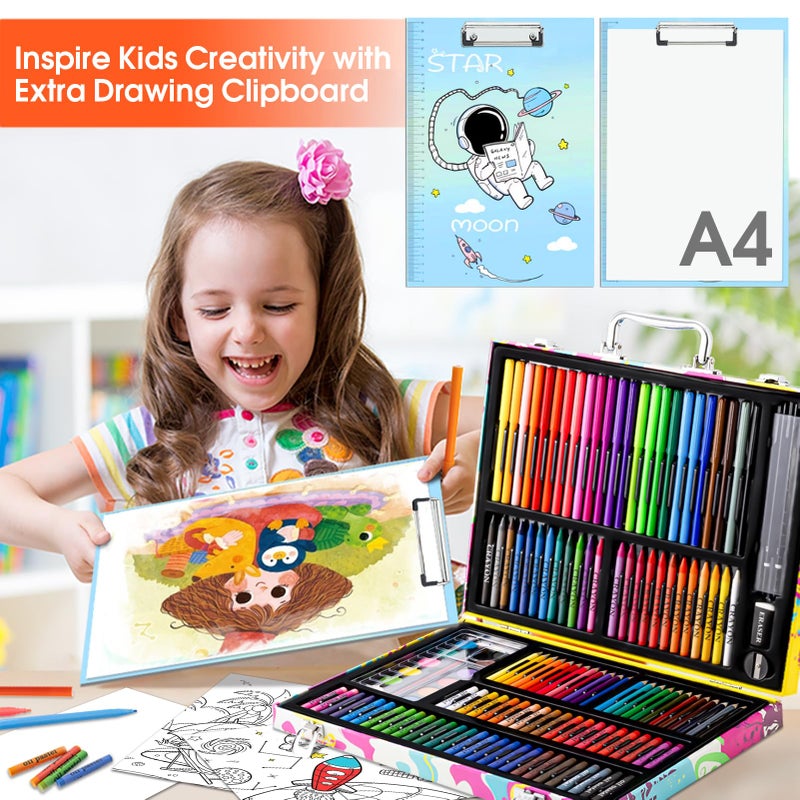 POPYOLA Art Supplies, 180 Pack Drawing Painting Set for Kids Girls Boys Teens, Coloring Art Kit Gift Case with Clipboard, Coloring Papers, Oil Pastels, Crayons, Colored Pencils, Watercolor Cakes, Markers - Image 4