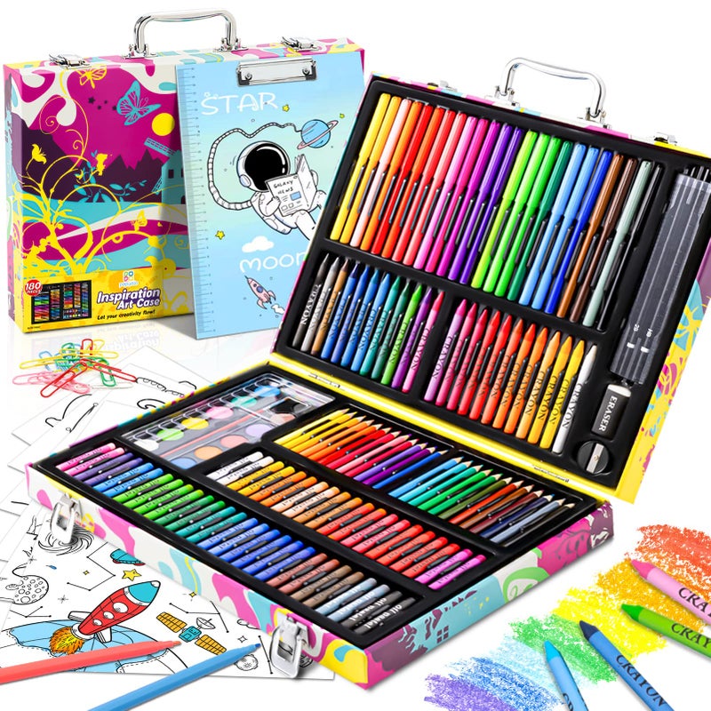 POPYOLA Art Supplies, 180 Pack Drawing Painting Set for Kids Girls Boys Teens, Coloring Art Kit Gift Case with Clipboard, Coloring Papers, Oil Pastels, Crayons, Colored Pencils, Watercolor Cakes, Markers - Image 1
