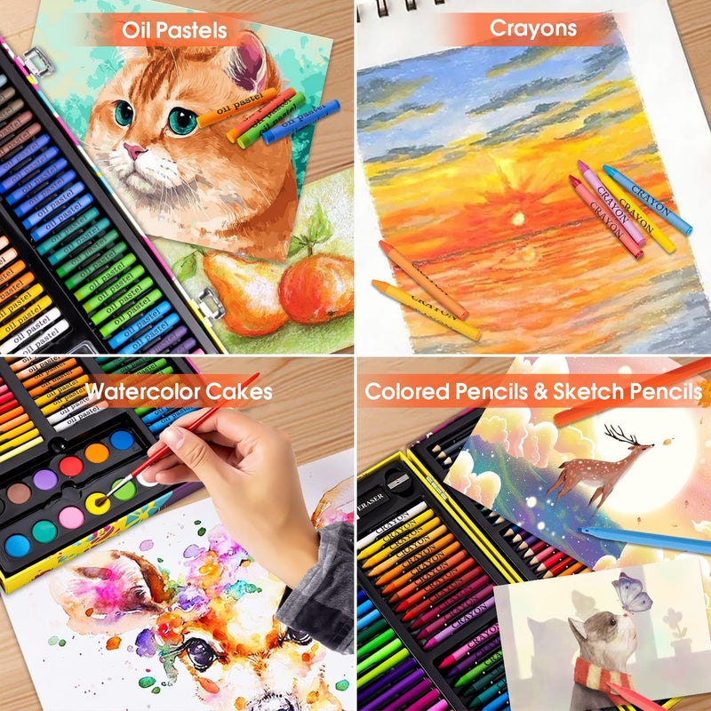 POPYOLA Art Supplies, 180 Pack Drawing Painting Set for Kids Girls Boys Teens, Coloring Art Kit Gift Case with Clipboard, Coloring Papers, Oil Pastels, Crayons, Colored Pencils, Watercolor Cakes, Markers - Image 5