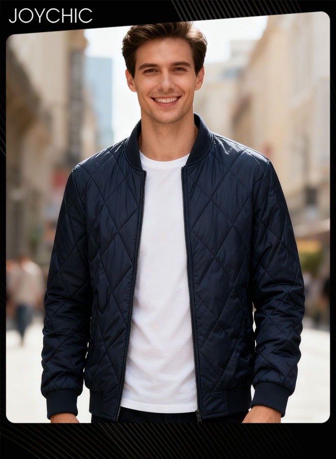 Joychic Autumn and Winter Men's Korean Style Stand-up Collar Thermal Zipper Jacket Trendy Casual Cotton Warm Coat Outdoor Windproof Navy Blue - Image 1