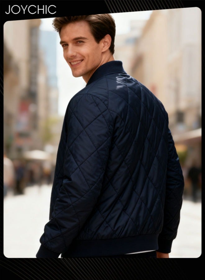 Joychic Autumn and Winter Men's Korean Style Stand-up Collar Thermal Zipper Jacket Trendy Casual Cotton Warm Coat Outdoor Windproof Navy Blue - Image 2