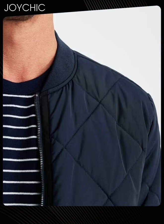 Joychic Autumn and Winter Men's Korean Style Stand-up Collar Thermal Zipper Jacket Trendy Casual Cotton Warm Coat Outdoor Windproof Navy Blue - Image 3