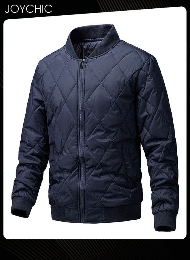 Joychic Autumn and Winter Men's Korean Style Stand-up Collar Thermal Zipper Jacket Trendy Casual Cotton Warm Coat Outdoor Windproof Navy Blue - Image 4