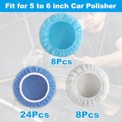 Cabaubl 40 PCS Polishing Bonnet Pads5 to 6 Inches Buffer BonnetsCar Polisher Pad BonnetBuffing Pad Cover Waxers BonnetMix Pack 24 Microfiber 8 NonWoven 8 Woolen for Car Polisher - Image 3