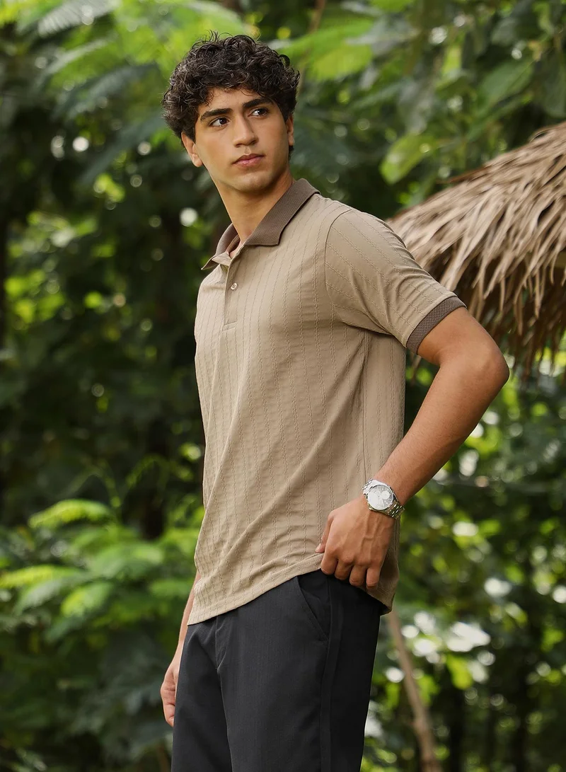 CAHOOT  Men's Pastel Brown Rope-Lined Textured Polo T-Shirt for Men | Best Price UAE