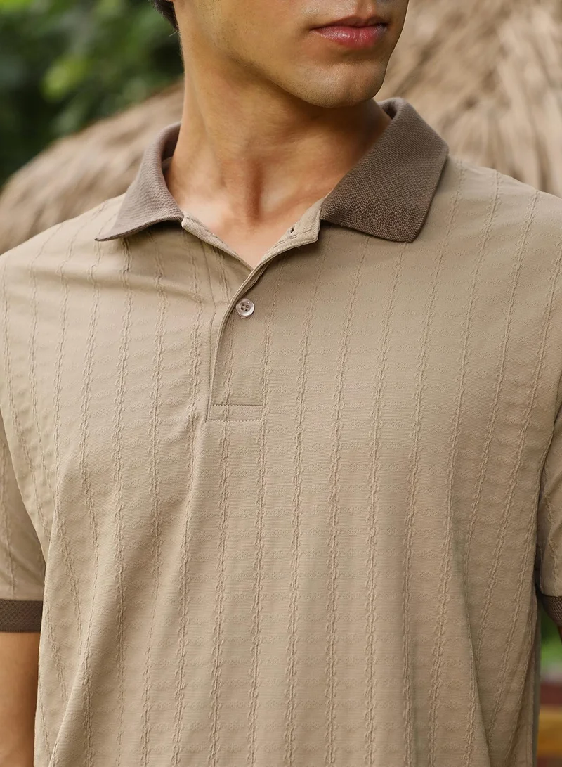CAHOOT  Men's Pastel Brown Rope-Lined Textured Polo T-Shirt for Men | Best Price UAE