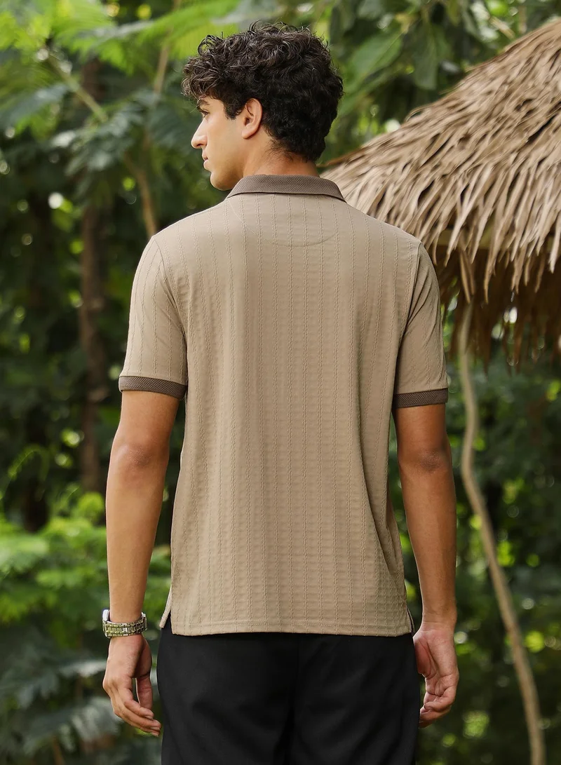 CAHOOT  Men's Pastel Brown Rope-Lined Textured Polo T-Shirt for Men | Best Price UAE