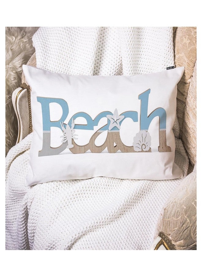 EKOBLA Beach Vintage Wood Lettering Quote with Ocean Home Pillow Cases Coastal Sea Starfish Scallop Summer Waist Lumber Cotton Linen Cushion Cover Oblong Rectangle Pillowcase for Home 12x20 Inches - Image 1