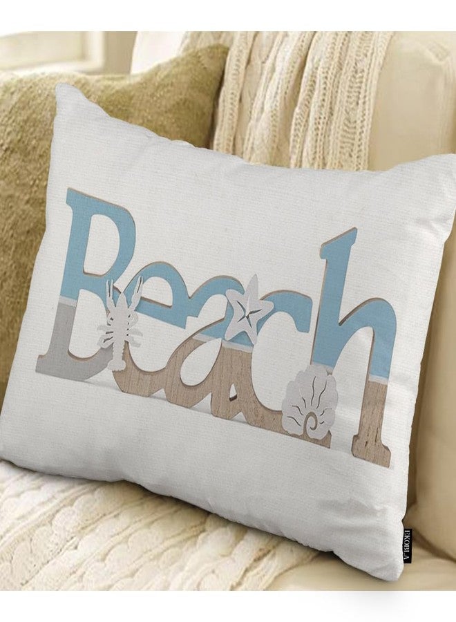 EKOBLA Beach Vintage Wood Lettering Quote with Ocean Home Pillow Cases Coastal Sea Starfish Scallop Summer Waist Lumber Cotton Linen Cushion Cover Oblong Rectangle Pillowcase for Home 12x20 Inches - Image 2