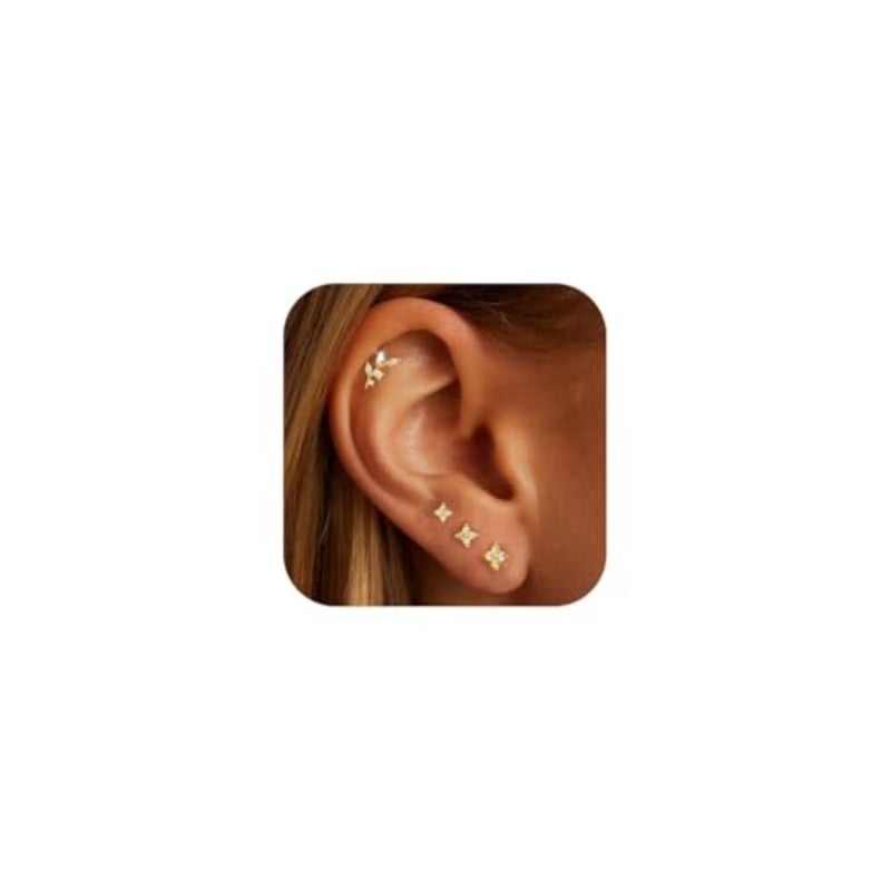 14K Gold Plated Stud Earrings, 925 Sterling Silver Post Cartilage Earring, Trendy Hypoallergenic, Cute Small Helix Earrings Stack Jewelry for Girls Women, Dainty Tiny Cubic Zirconia Earrings, 4Pcs - Image 1