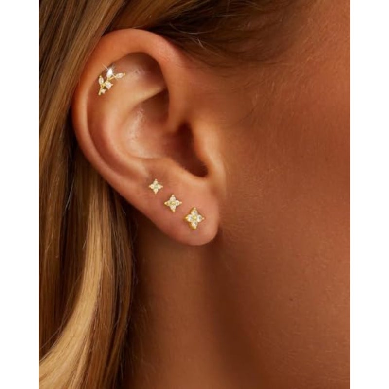 14K Gold Plated Stud Earrings, 925 Sterling Silver Post Cartilage Earring, Trendy Hypoallergenic, Cute Small Helix Earrings Stack Jewelry for Girls Women, Dainty Tiny Cubic Zirconia Earrings, 4Pcs - Image 3