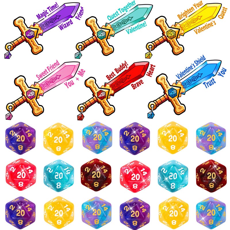 Celltestria 30pcs Valentines Gift Cards with Glitter Dice Toys Valentines Day D20s Role Playing Dice for Kids Adults Party Favor RPG MTG School Classroom Exchange Prizes Gift - Image 3