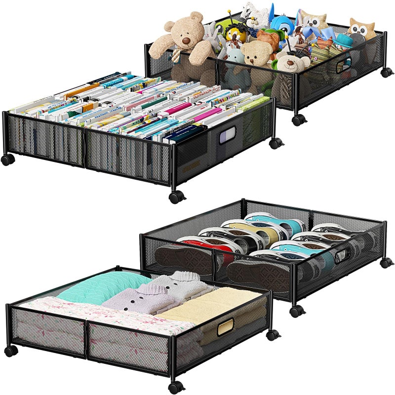 Under Bed Storage Containers with Wheels  Shoe Storage Organizer Drawer Toolfree Assembly Metal Underbed Storage for Bedroom Clothes Shoes Blankets  4Pack