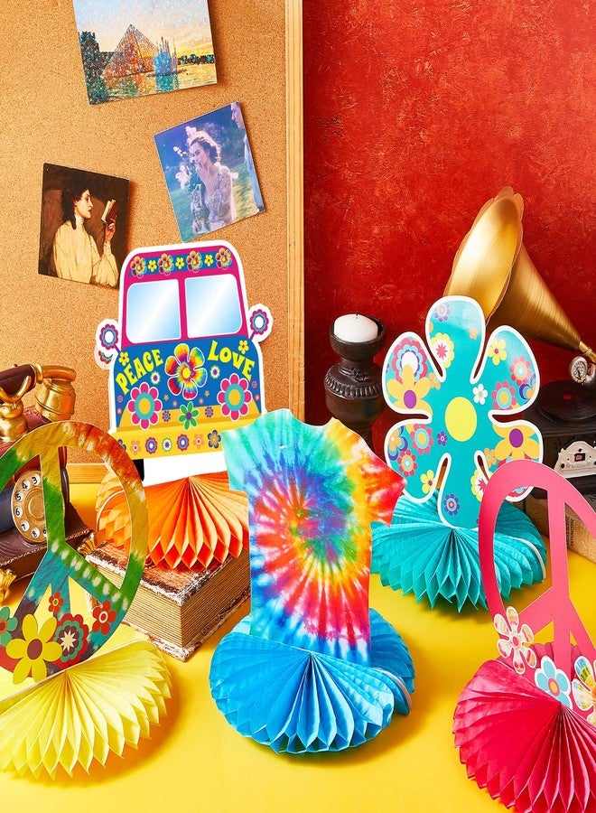 Nezyo 12 Pcs Tie Dye Hippie Party Honeycomb Centerpieces Decorations 60's 70s Themed Table Topper Decor Retro Flower Cutout Peace Sign for Hippie Groovy Birthday - Image 4