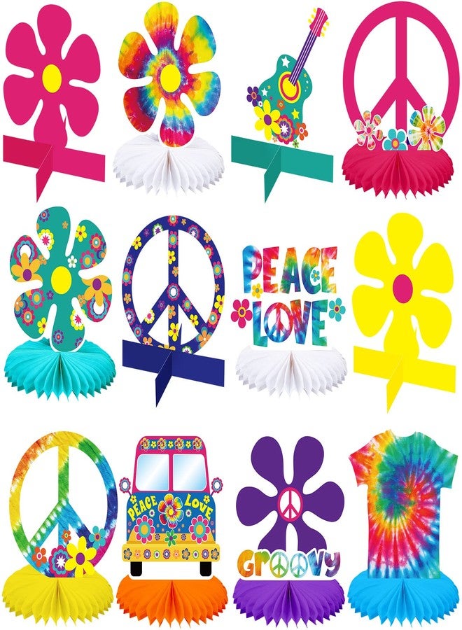 Nezyo 12 Pcs Tie Dye Hippie Party Honeycomb Centerpieces Decorations 60's 70s Themed Table Topper Decor Retro Flower Cutout Peace Sign for Hippie Groovy Birthday - Image 1