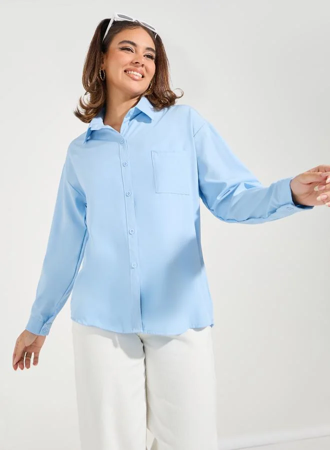 Take Two Oversized Solid Button Down Shirt with Dropped Shoulder
