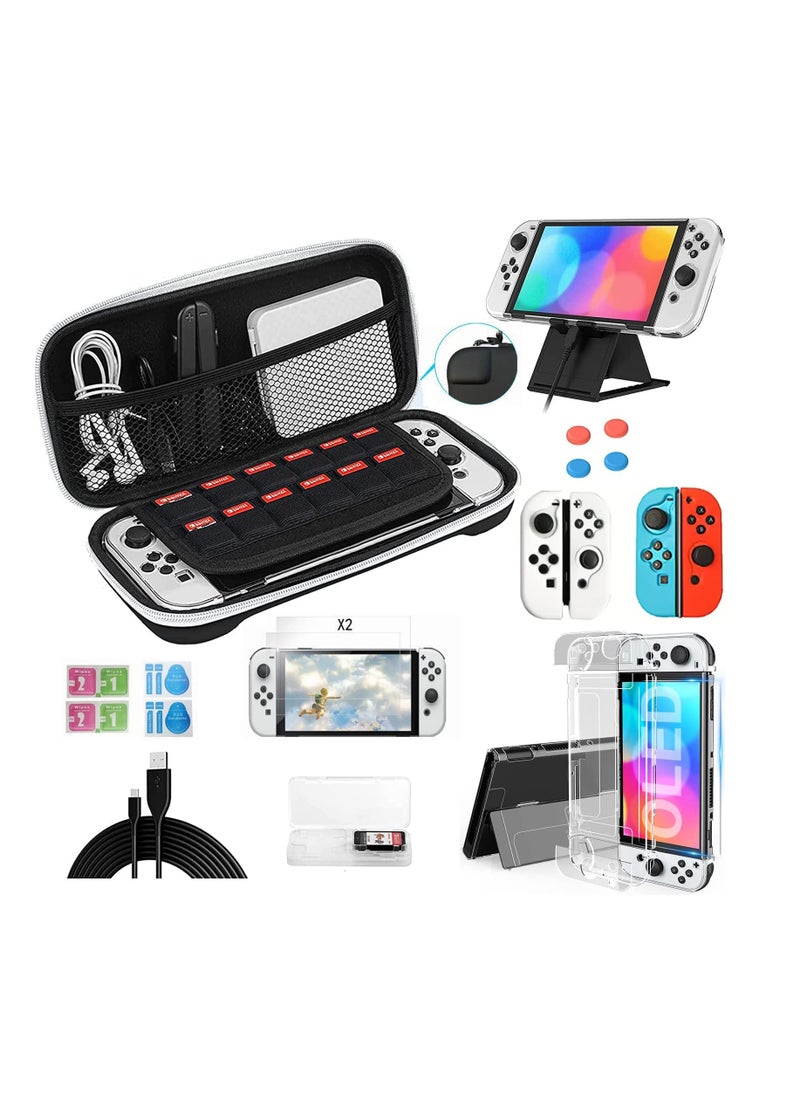 Anmi 13 PCS Set Nintendo Switch OLED Console Portable Travel Carry Case Include Screen Protector, Protective Cover Case, Data Cable, Kickstand &Thumb Grip Caps(Black)  - Image 1