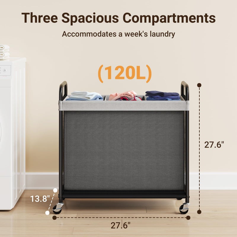 ELYKEN Laundry Hamper 3 Section, 120L Rolling Laundry Sorter with Removable Liner Bag, Laundry Basket with Wheels, Steel Frame with Metal Handle, Clothes Hamper Cart for Laundry Room & Bedroom - Image 3