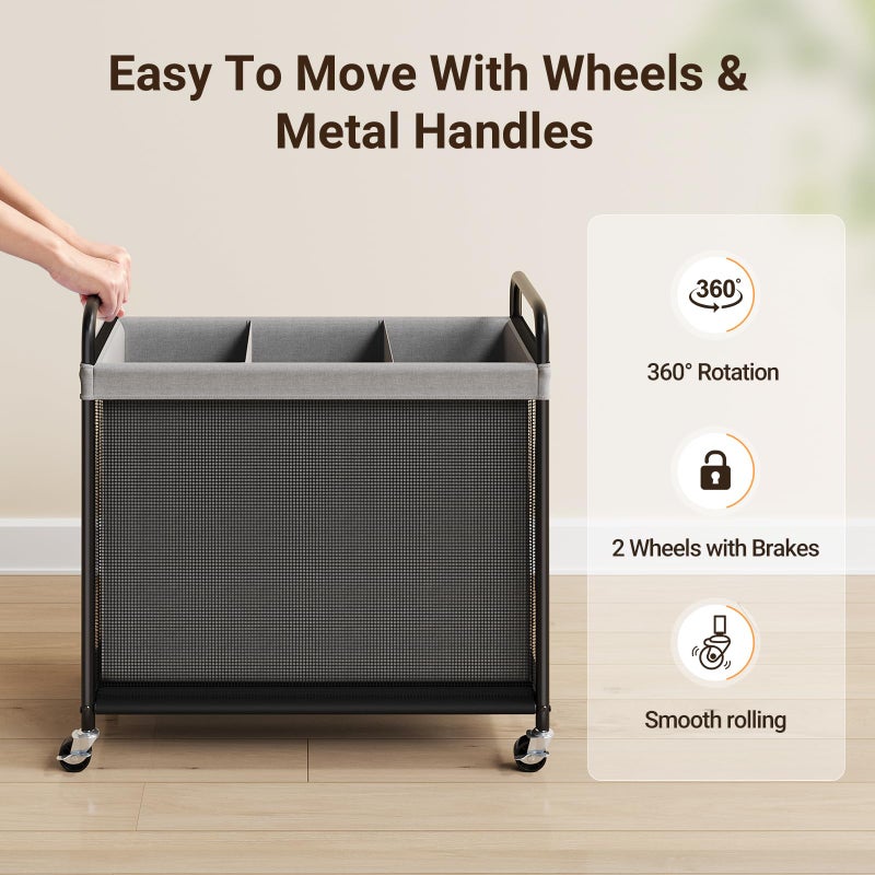 ELYKEN Laundry Hamper 3 Section, 120L Rolling Laundry Sorter with Removable Liner Bag, Laundry Basket with Wheels, Steel Frame with Metal Handle, Clothes Hamper Cart for Laundry Room & Bedroom - Image 5
