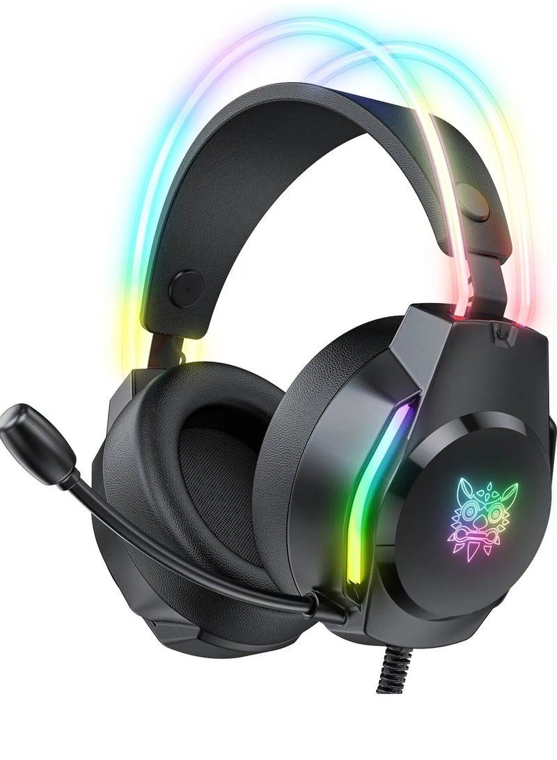 أونيكوما سماعة رأس سلكية قابلة للطي للألعاب ONIKUMA X26 مزودة بخاصية إلغاء الضوضاء الديناميكية وصوت جهير فائق ووحدة تشغيل 50 مم وصوت محيطي ستيريو وإضاءة RGB وميكروفون مرن وسماعة رأس سلكية لأجهزة PS4/PS5/XOne/XSeries/NSwitch/PC، لون أسود - Image 1
