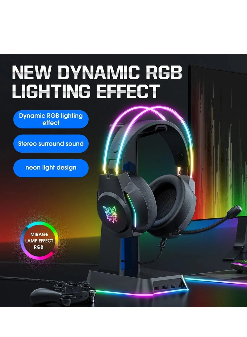 أونيكوما سماعة رأس سلكية قابلة للطي للألعاب ONIKUMA X26 مزودة بخاصية إلغاء الضوضاء الديناميكية وصوت جهير فائق ووحدة تشغيل 50 مم وصوت محيطي ستيريو وإضاءة RGB وميكروفون مرن وسماعة رأس سلكية لأجهزة PS4/PS5/XOne/XSeries/NSwitch/PC، لون أسود - Image 4