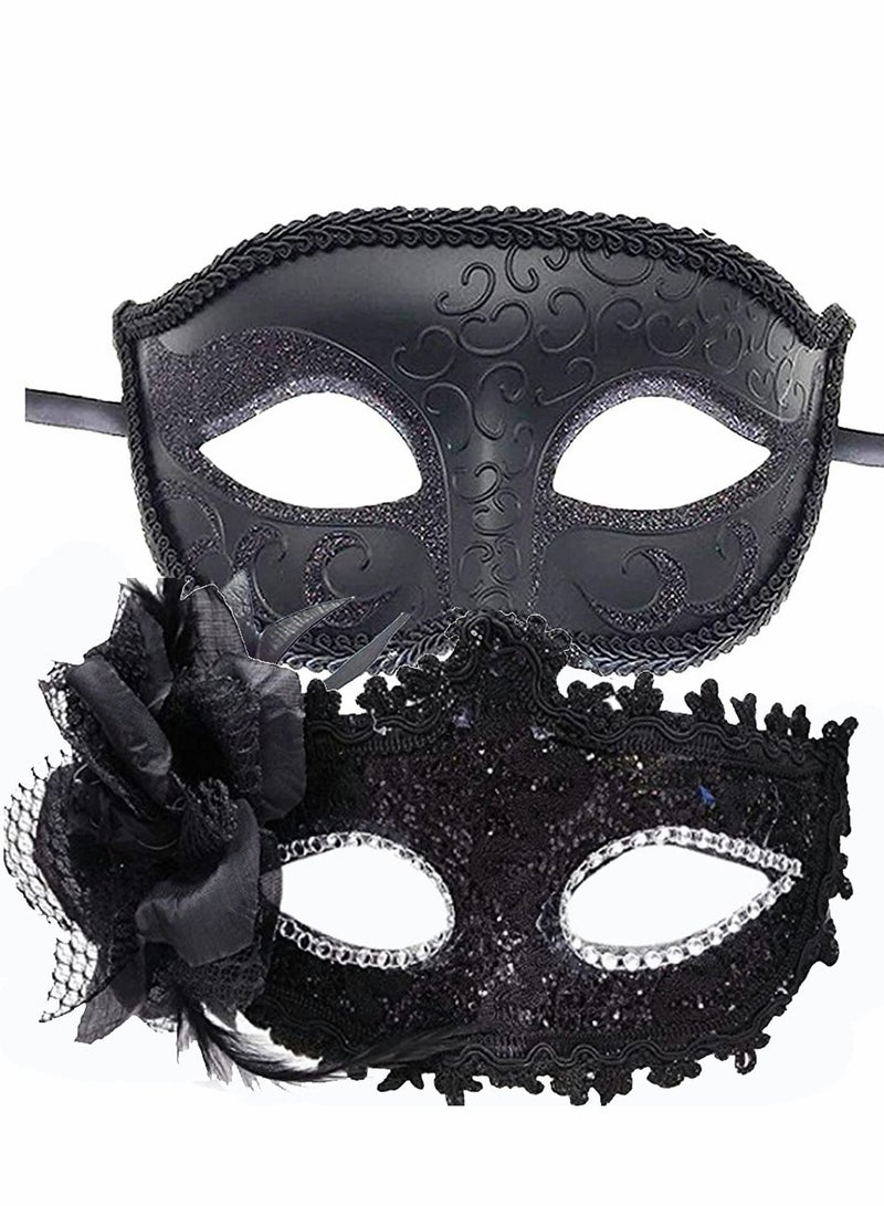 KASTWAVE Couples Mardi Gras Venetian Masquerade Masks Set, Side flower Mask and Painted Pattern Half Face Dress Up Mask, Party Costume Accessory (Black) - Image 1