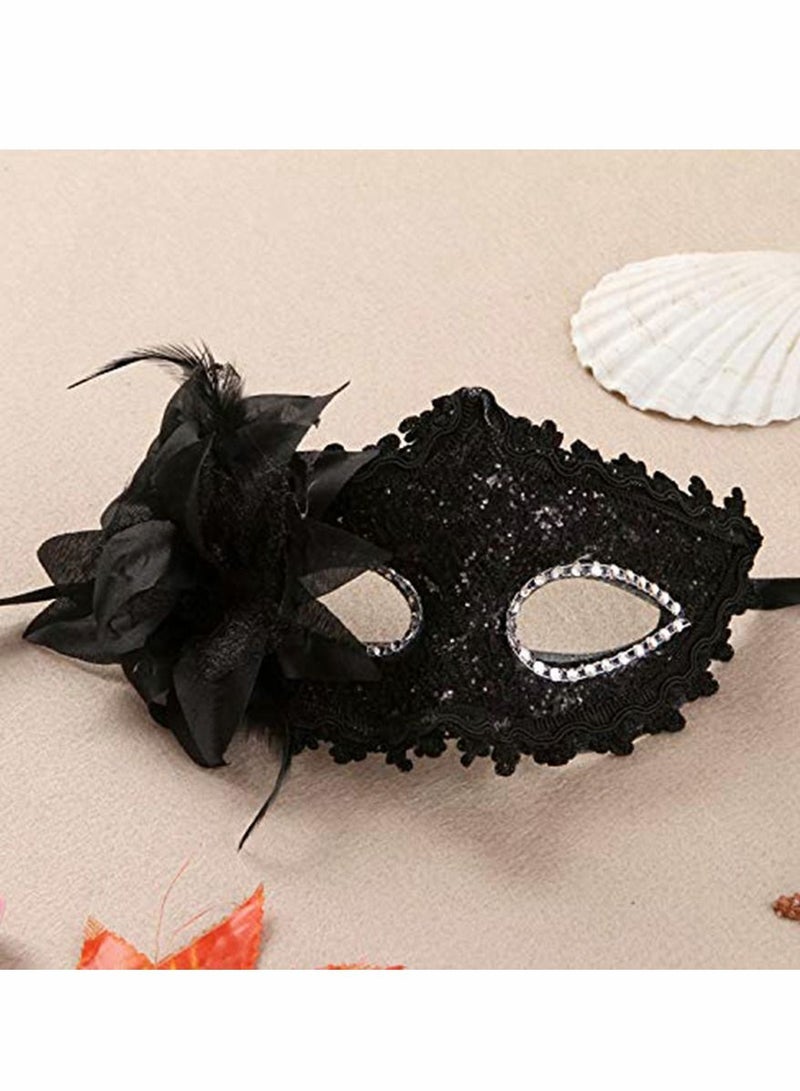 KASTWAVE Couples Mardi Gras Venetian Masquerade Masks Set, Side flower Mask and Painted Pattern Half Face Dress Up Mask, Party Costume Accessory (Black) - Image 3